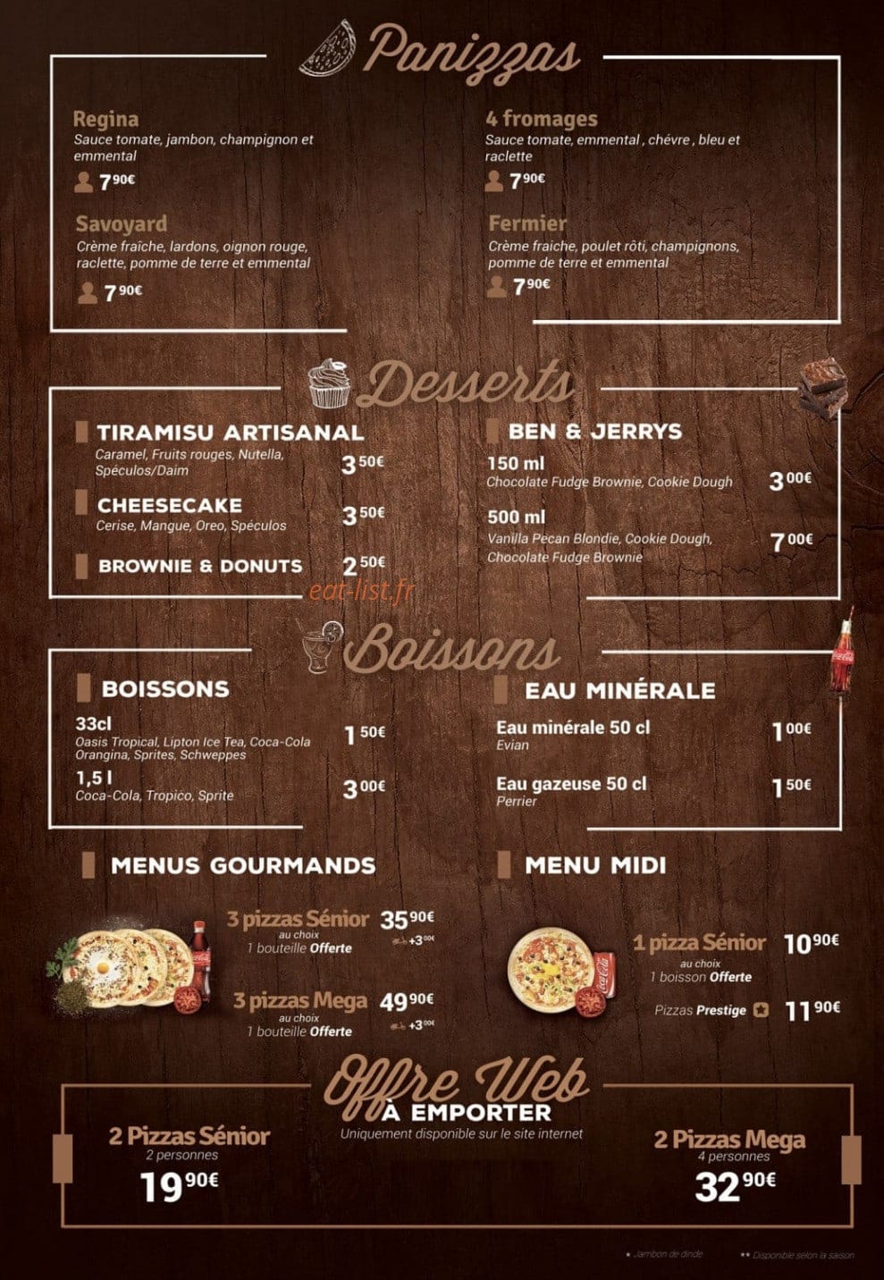 Carte et menu de Woodiz à Montigny le Bretonneux — Les panizzas, desserts, boissons...