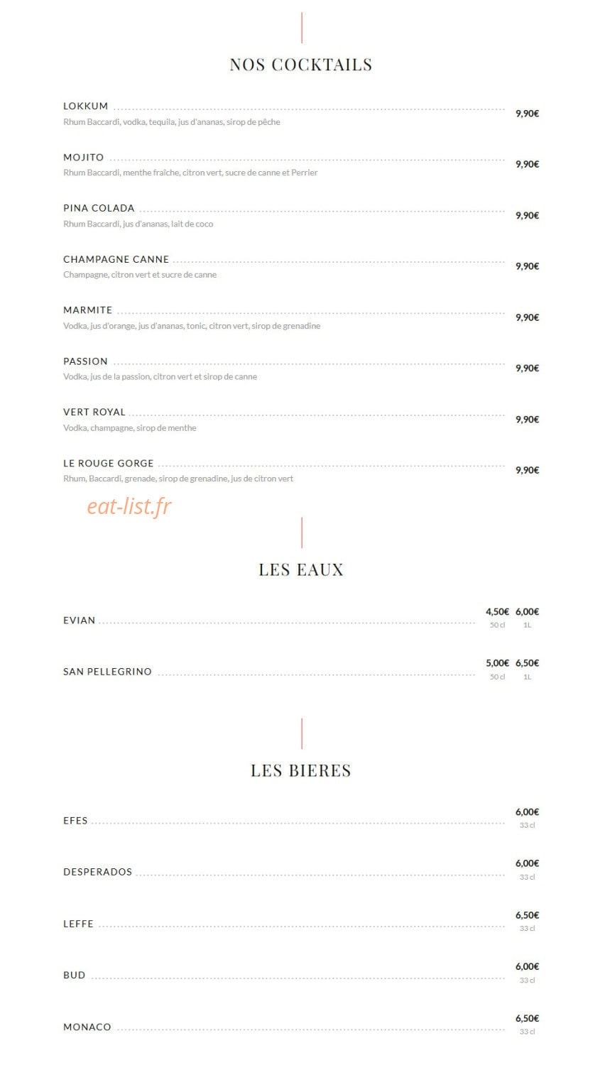 Carte et menu de Lokkum Steakhouse 78 à Buchelay — Les cocktails, eaux, ...