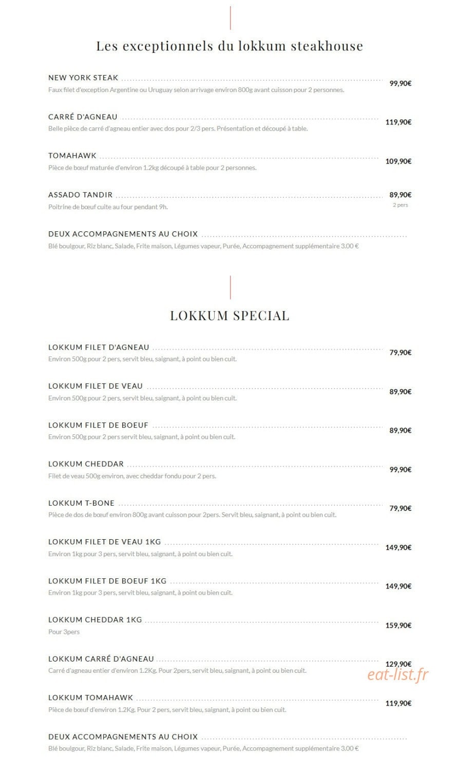 Carte et menu de Lokkum Steakhouse 78 à Buchelay — Le lokkum spécial