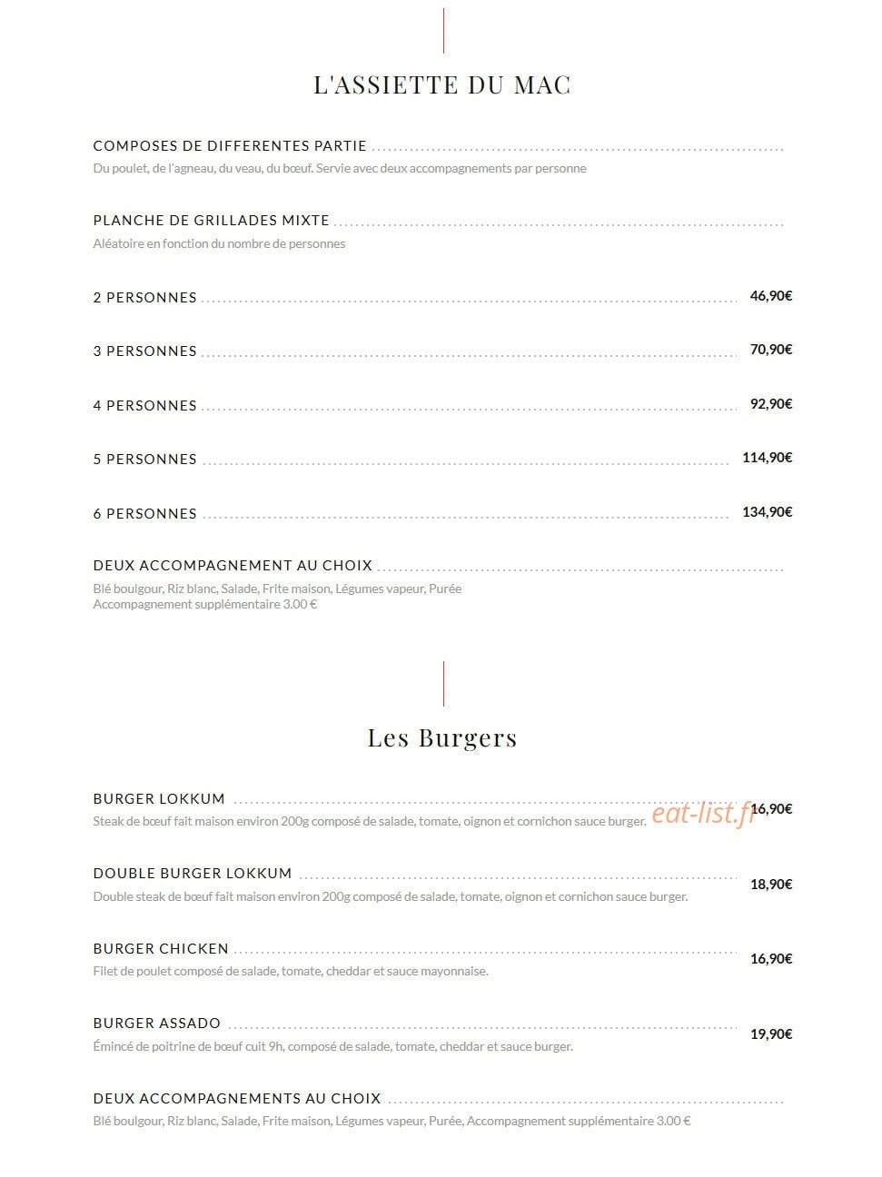 Carte et menu de Lokkum Steakhouse 78 à Buchelay — L'assiette du mac, burgers