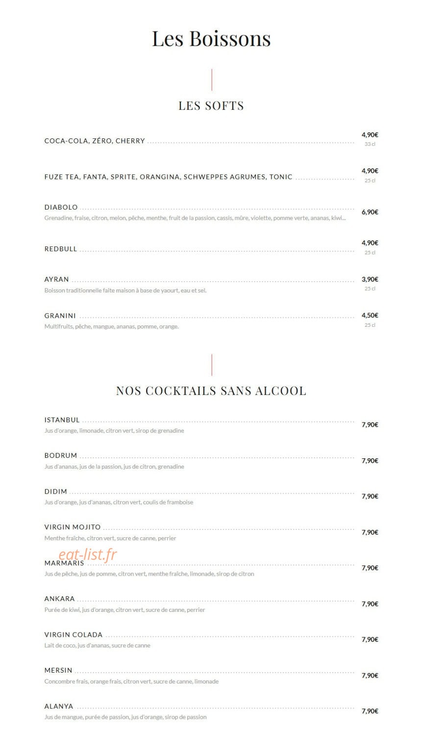 Carte et menu de Lokkum Steakhouse 78 à Buchelay — Les softs, cocktails sans alcool