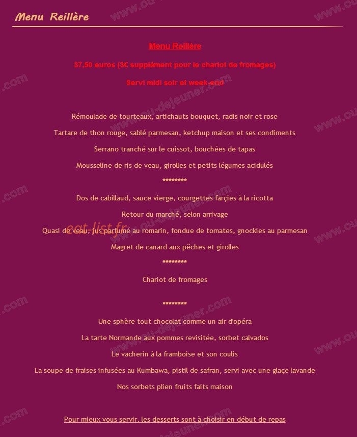 Carte et menu de Moulin de la Reillère à Mantes la Jolie — Menu Reillère