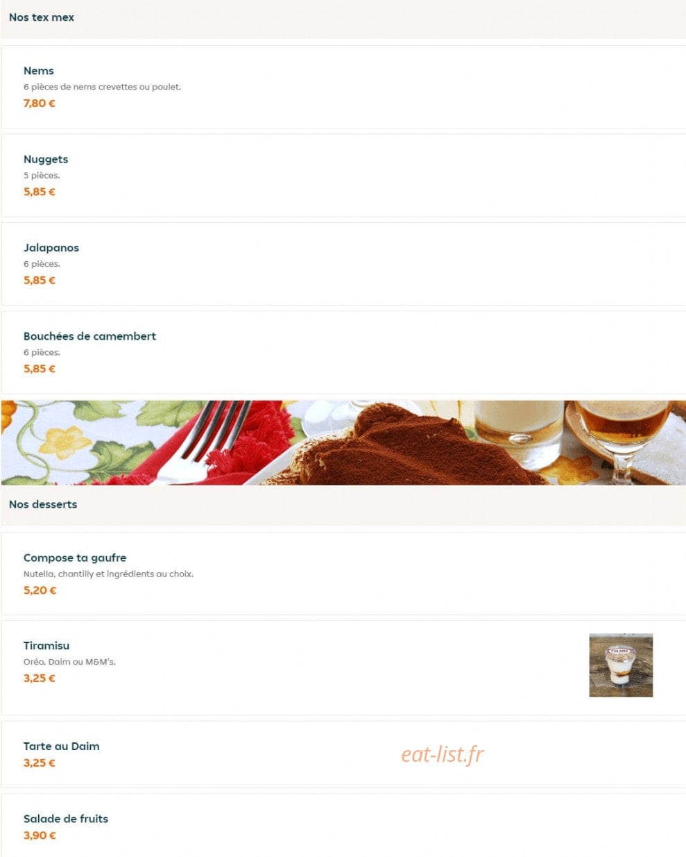 Carte et menu de O'braisé à Mantes la Jolie — Les tex mex et desserts