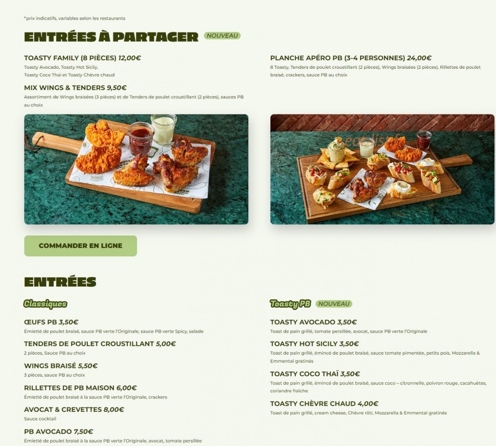 Carte et menu de PB Poulet Braisé à Mantes la Jolie — Les entrées