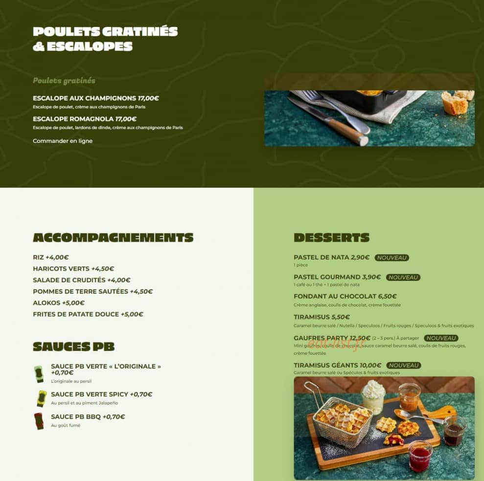 Carte et menu de PB Poulet Braisé à Mantes la Jolie — Les accompagnements, desserts, ...