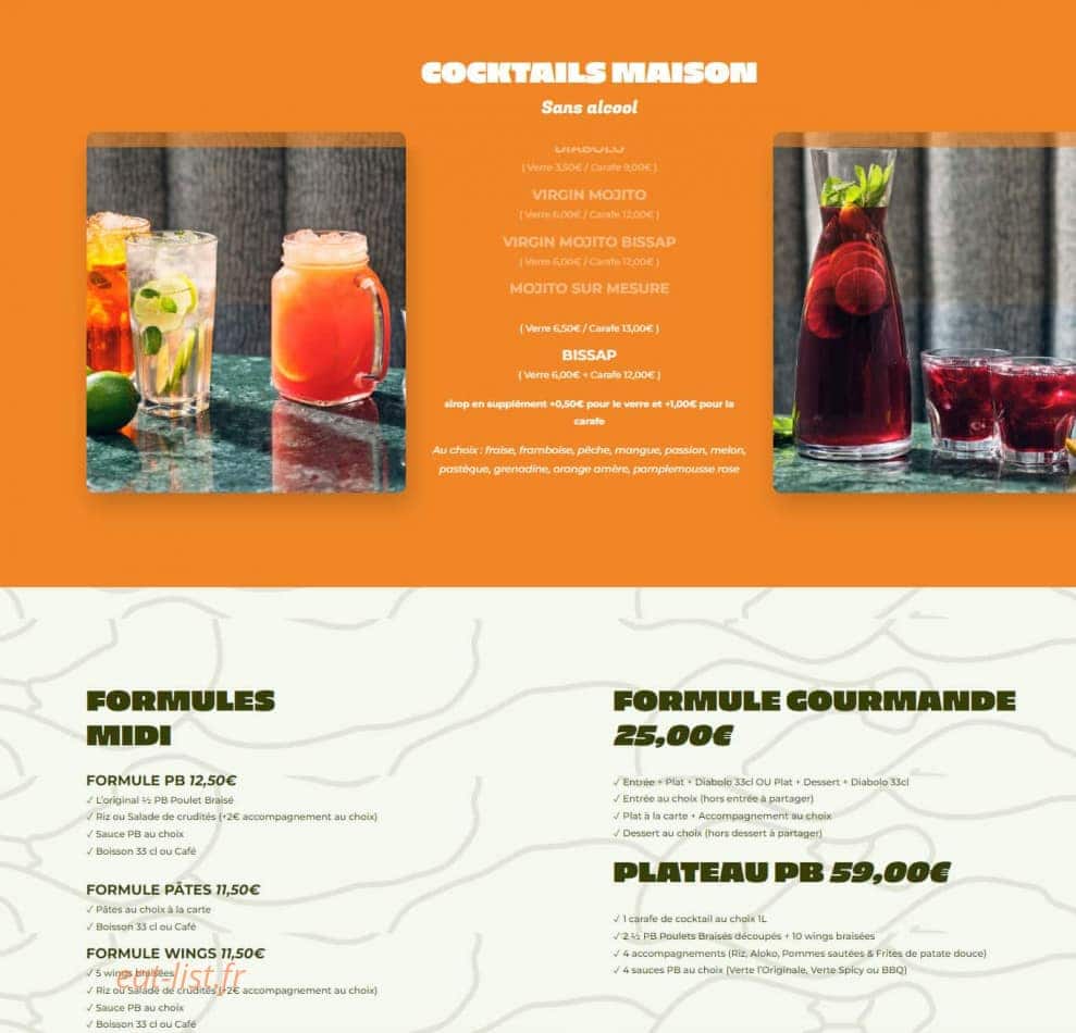 Carte et menu de PB Poulet Braisé à Mantes la Jolie — Les cocktails et formules