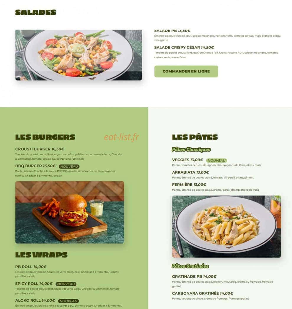 Carte et menu de PB Poulet Braisé à Mantes la Jolie — Les salades, burgers, ...