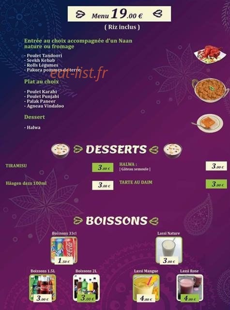 Carte et menu de Tandoori House à Mantes la Jolie — menu, desserts, boissons