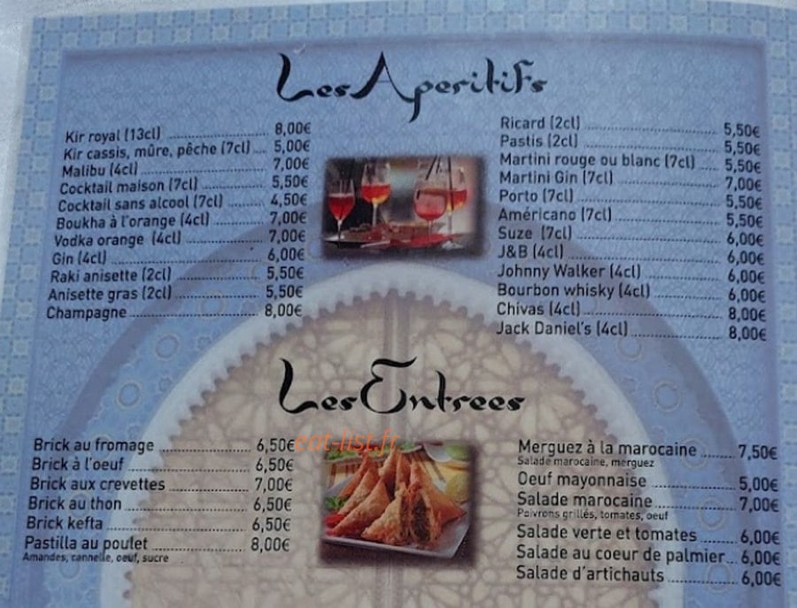 Carte et menu de La mamounia à Mantes la Ville — Les apéritifs et entrées