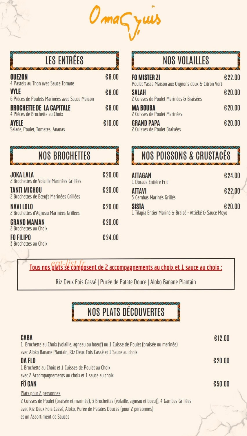 Carte et menu de O'maquis Family à Saint Cyr l'Ecole — Les entrées, volailles et poissons, ...