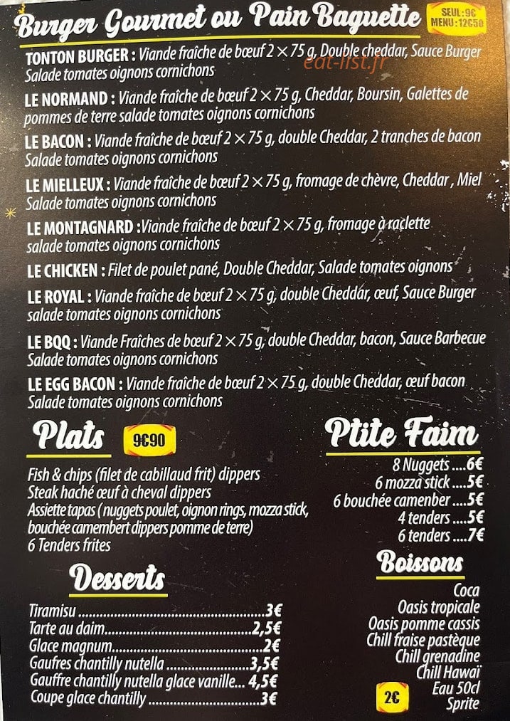 Chez Tonton Burger — carte page 1