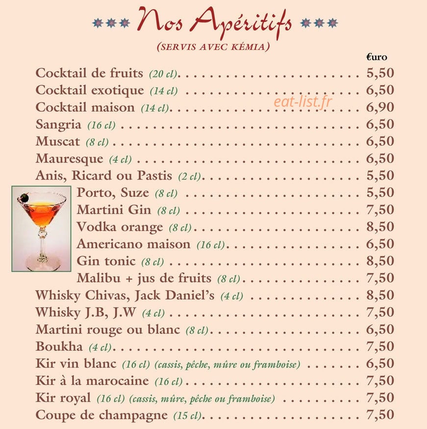 Carte et menu de L'Auberge Du Maroc à Meulan-en-Yvelines — Les apéritifs