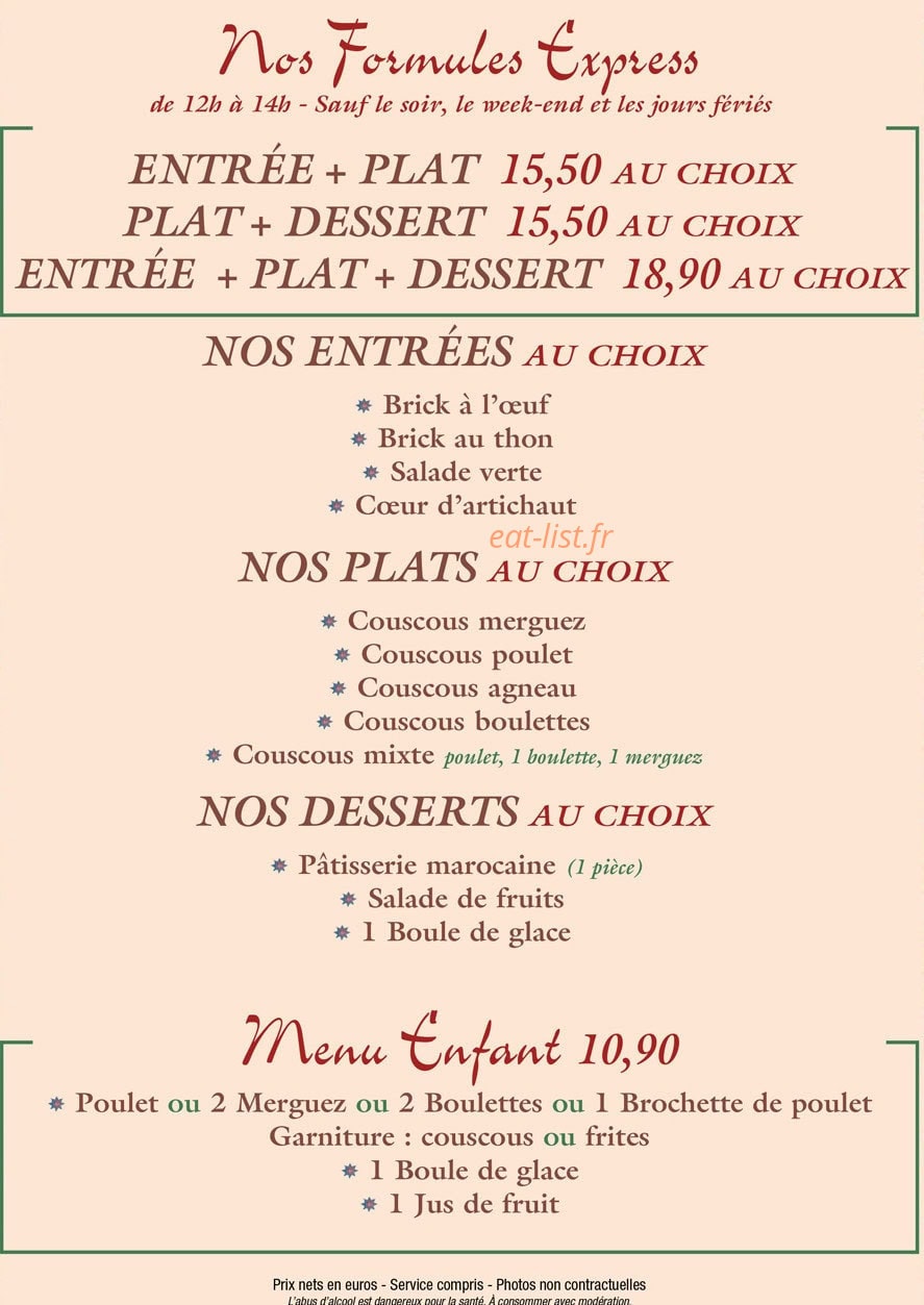 Carte et menu de L'Auberge Du Maroc à Meulan-en-Yvelines — Formule express et menu enfant