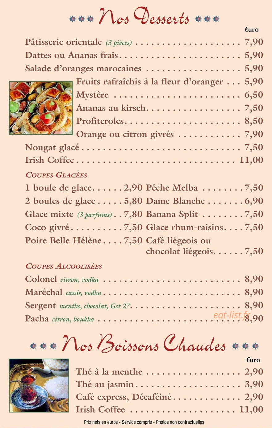 Carte et menu de L'Auberge Du Maroc à Meulan-en-Yvelines — Les desserts et boissons chaudes