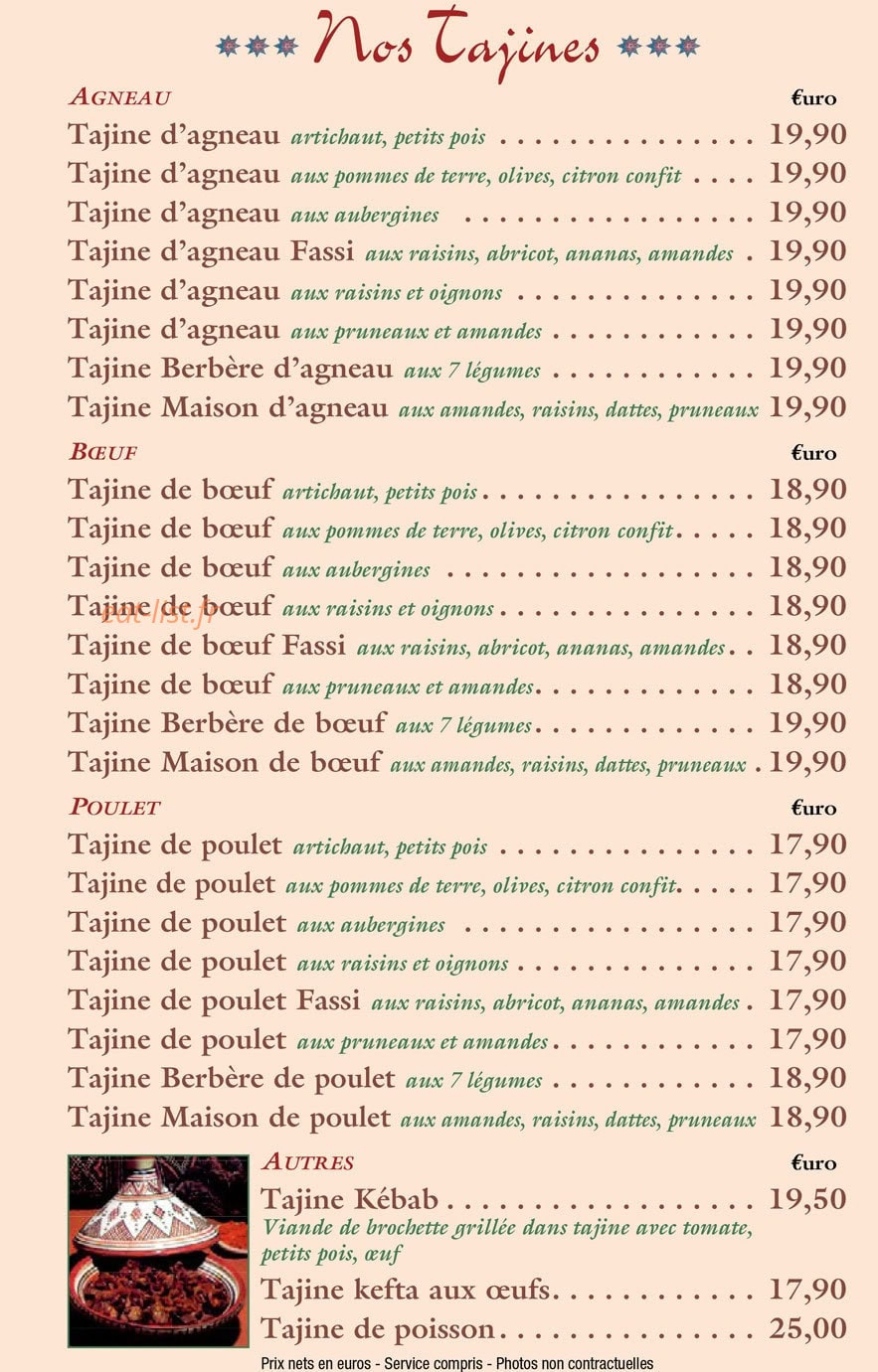 Carte et menu de L'Auberge Du Maroc à Meulan-en-Yvelines — Les tajines