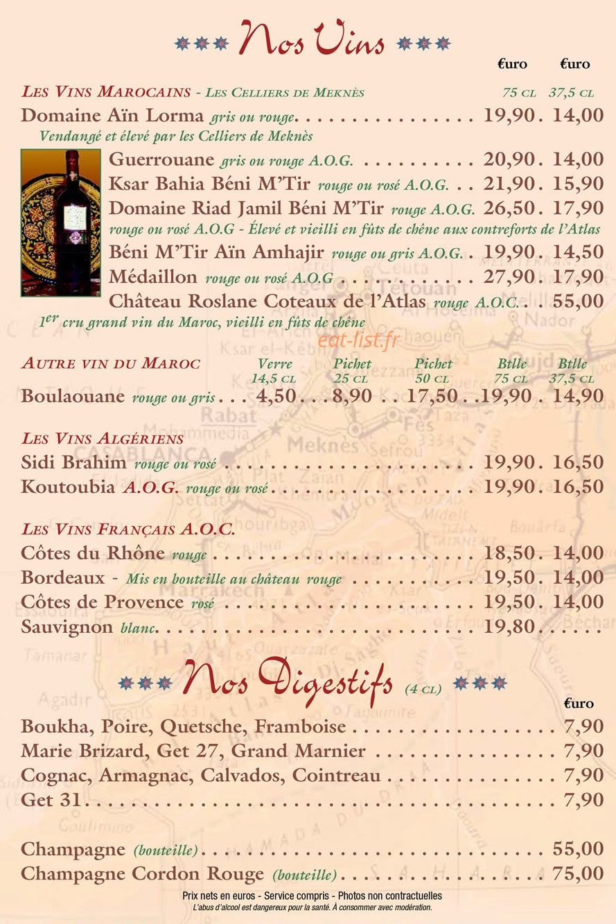 Carte et menu de L'Auberge Du Maroc à Meulan-en-Yvelines — Les vins et digestifs