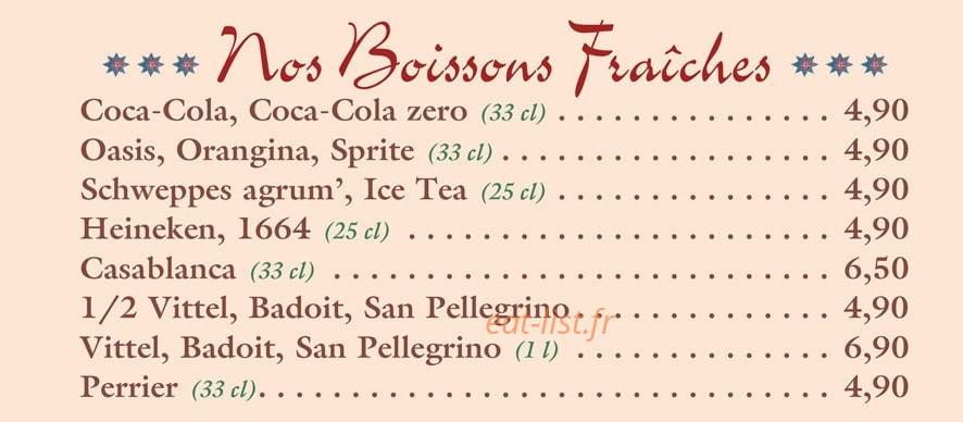 Carte et menu de L'Auberge Du Maroc à Meulan-en-Yvelines — Les boissons fraîches