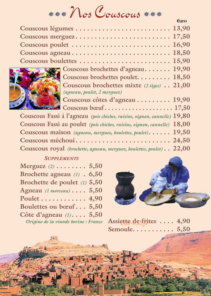 Carte et menu de L'Auberge Du Maroc à Meulan-en-Yvelines — Les couscous