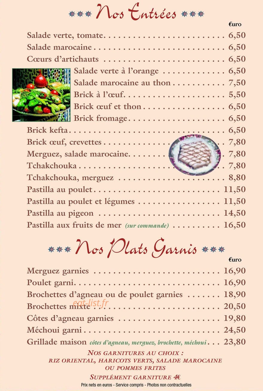 Carte et menu de L'Auberge Du Maroc à Meulan-en-Yvelines — Les entrées et plats garnis