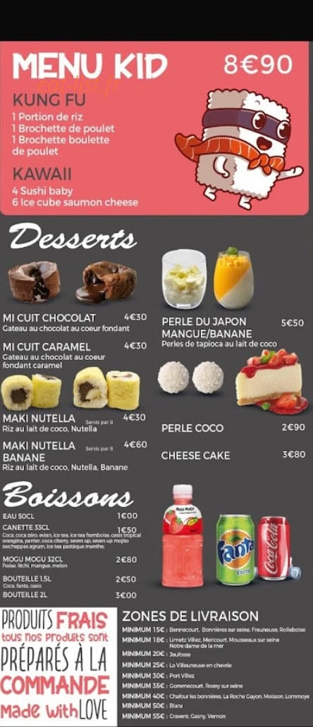Carte et menu de Just Sushi à Bonnieres sur Seine — Le menu enfant, desserts et boissons