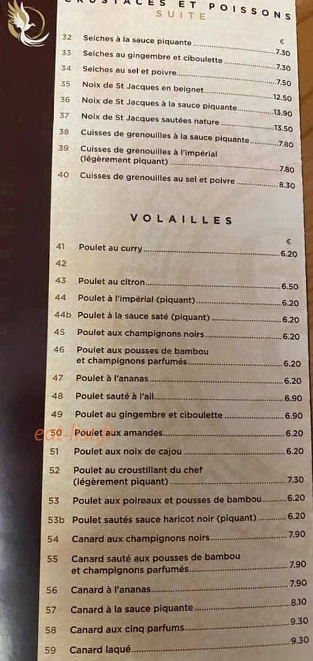 Carte et menu de Le mandarin de bonnieres à Bonnieres sur Seine — crustacés, poissons et volailles