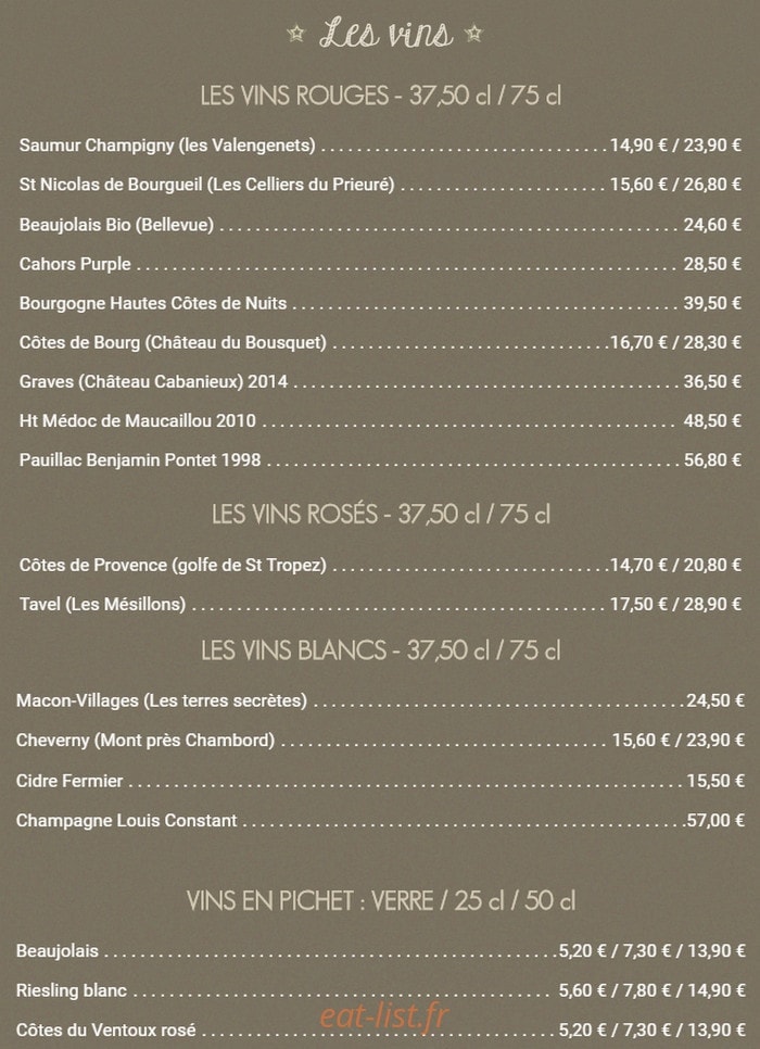 Carte et menu de Chez Gaston à Chaufour les Bonnieres — Les vins