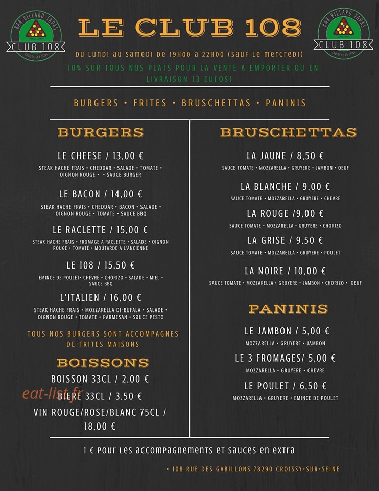 Club 108 — carte page 1