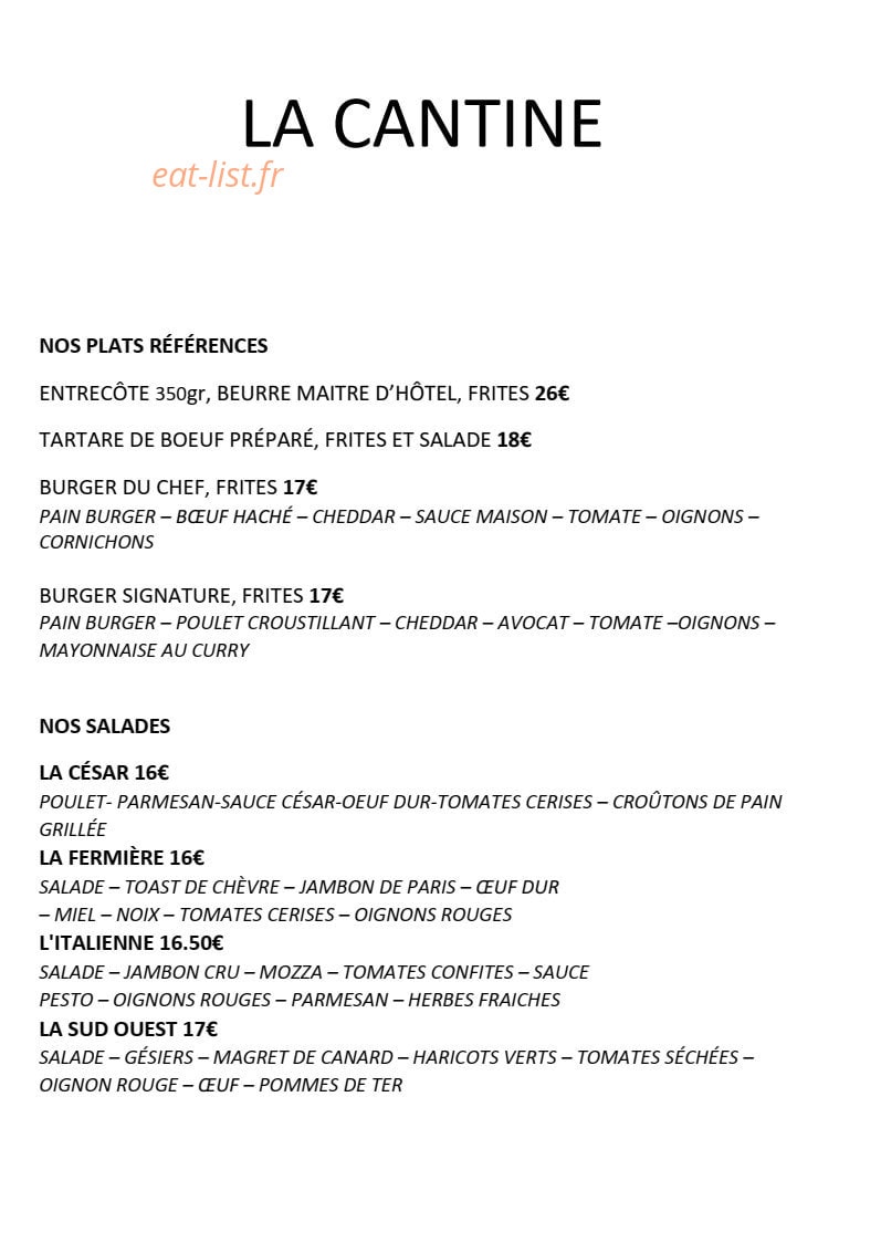 Carte et menu de La cantine by les enfants de coeur à Croissy sur Seine — Les plats références, salades