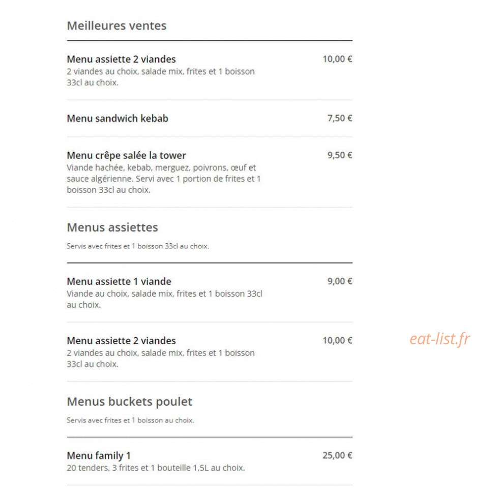 Tower Food — carte page 1