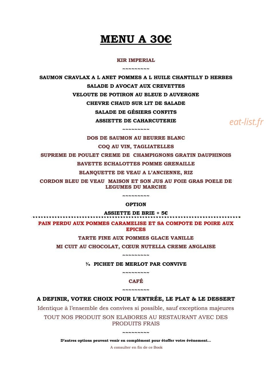 Restaurant Le Village — carte page 1
