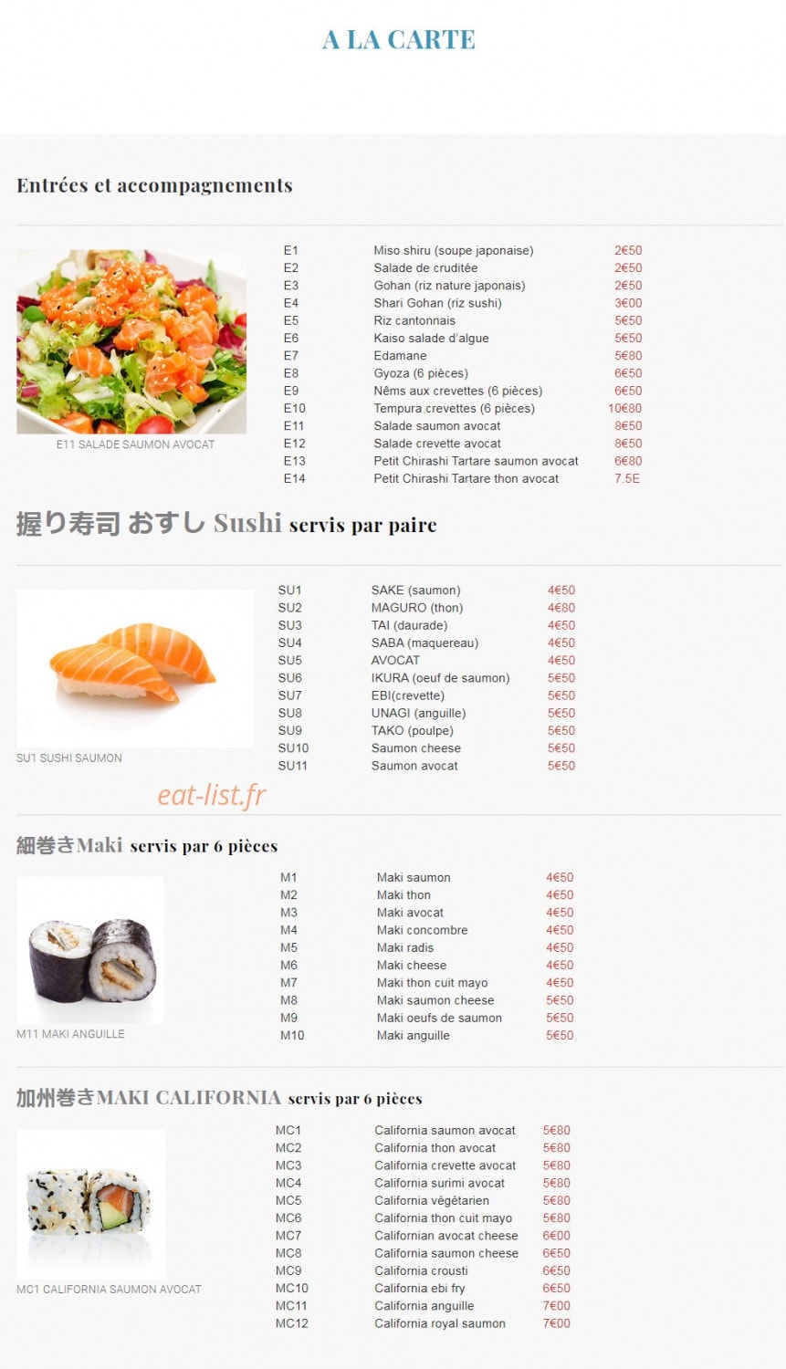 Carte et menu de Sushi jouy à Jouy en Josas — Les entrées, accompagnements, sushis,...