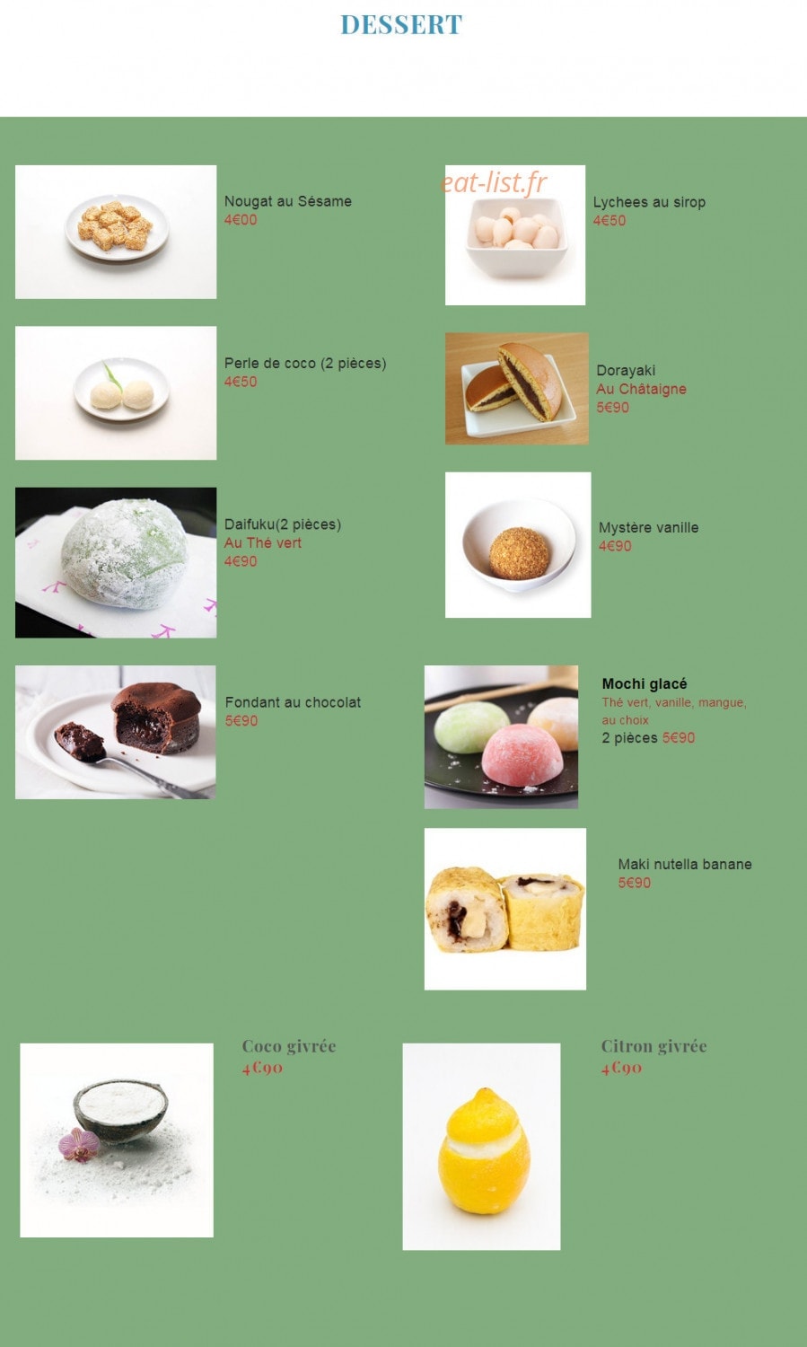 Carte et menu de Sushi jouy à Jouy en Josas — Les desserts