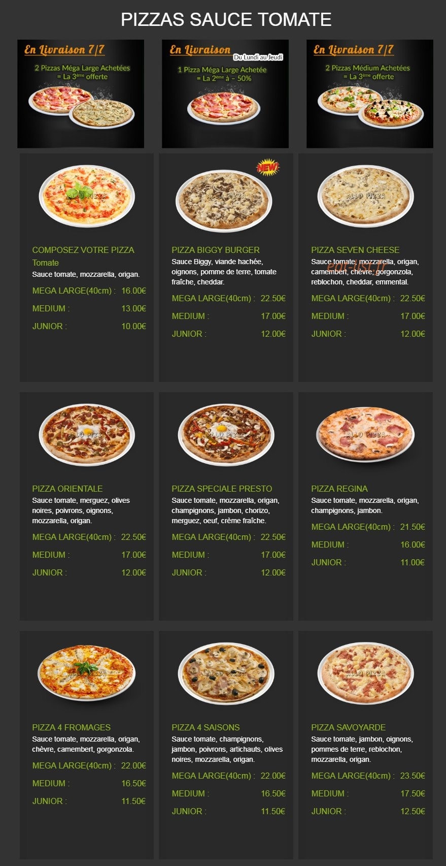 AlloPizza — carte page 1