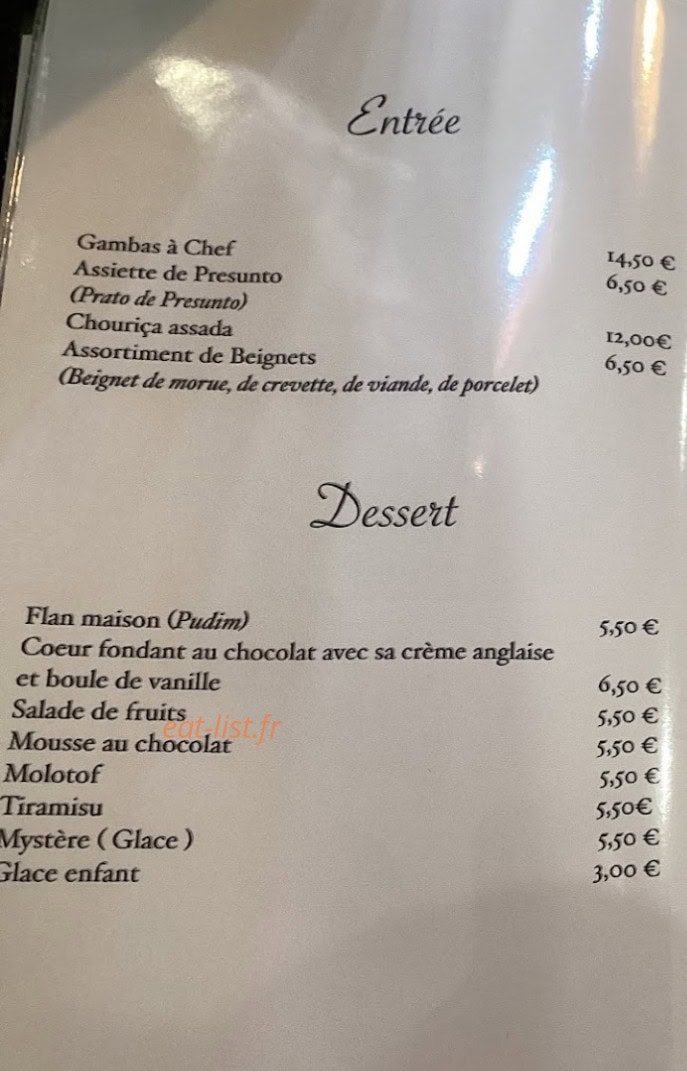 Carte et menu de L'auberge En Ville à Aubergenville — Les entrees et desserts