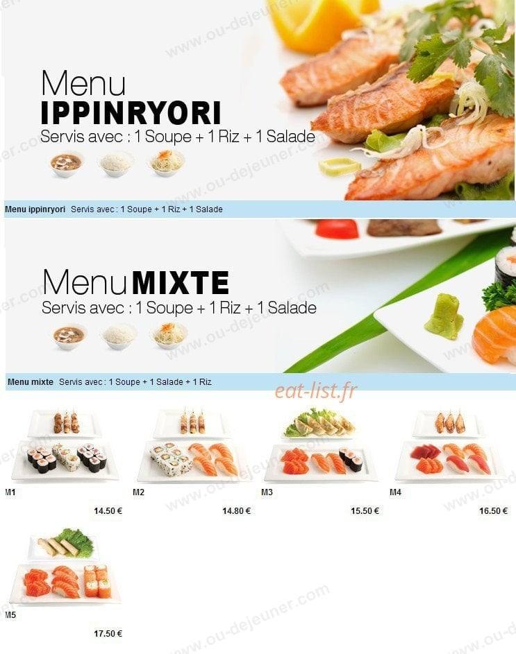 Carte et menu de To sushi à Aubergenville — Les menus ippinryori et menus mixte