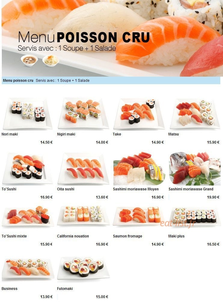 Carte et menu de To sushi à Aubergenville — Les menus poissons cru
