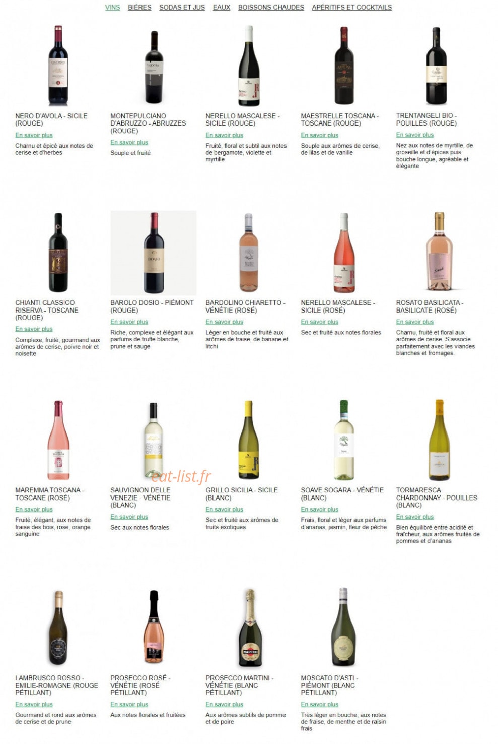 Carte et menu de Ristorante Del Arte à Flins sur Seine — Les vins