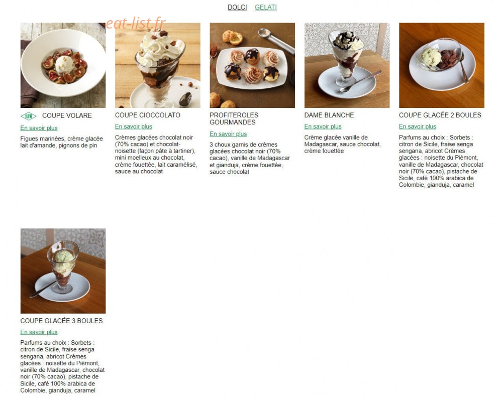 Carte et menu de Ristorante Del Arte à Flins sur Seine — Les gelati