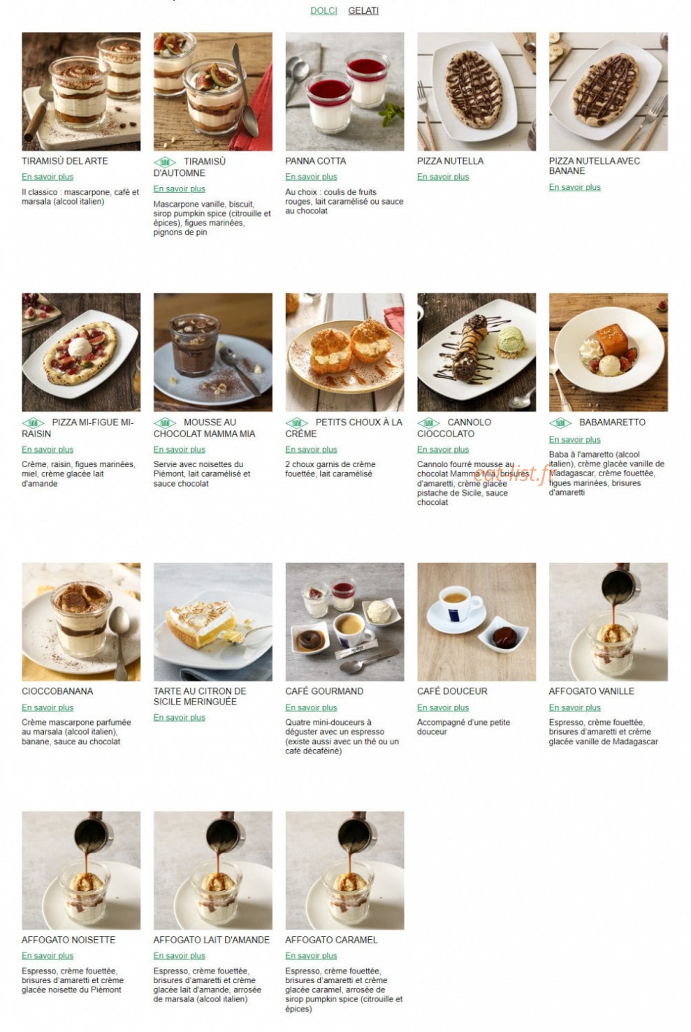 Carte et menu de Ristorante Del Arte à Flins sur Seine — Les dolci