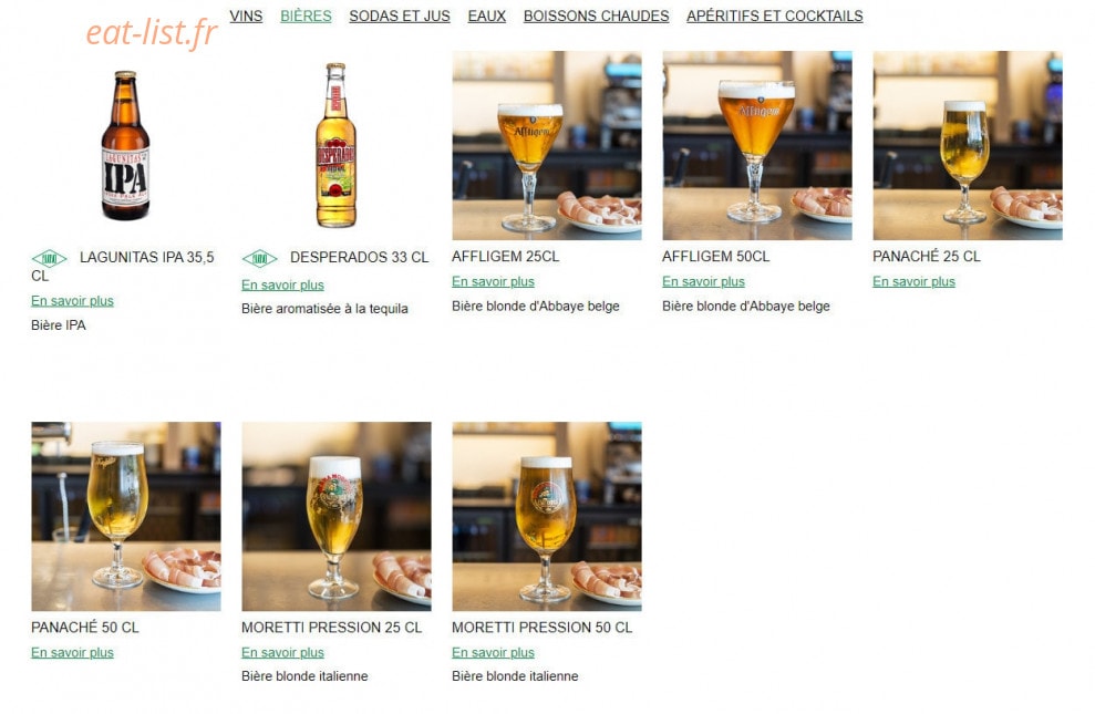 Carte et menu de Ristorante Del Arte à Flins sur Seine — Les bières