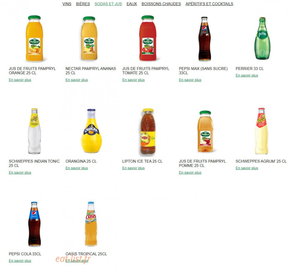 Carte et menu de Ristorante Del Arte à Flins sur Seine — Les sodas et jus