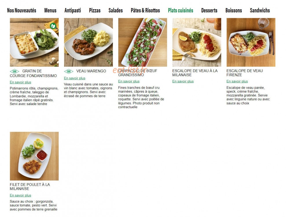 Carte et menu de Ristorante Del Arte à Flins sur Seine — Les plats cuisinés