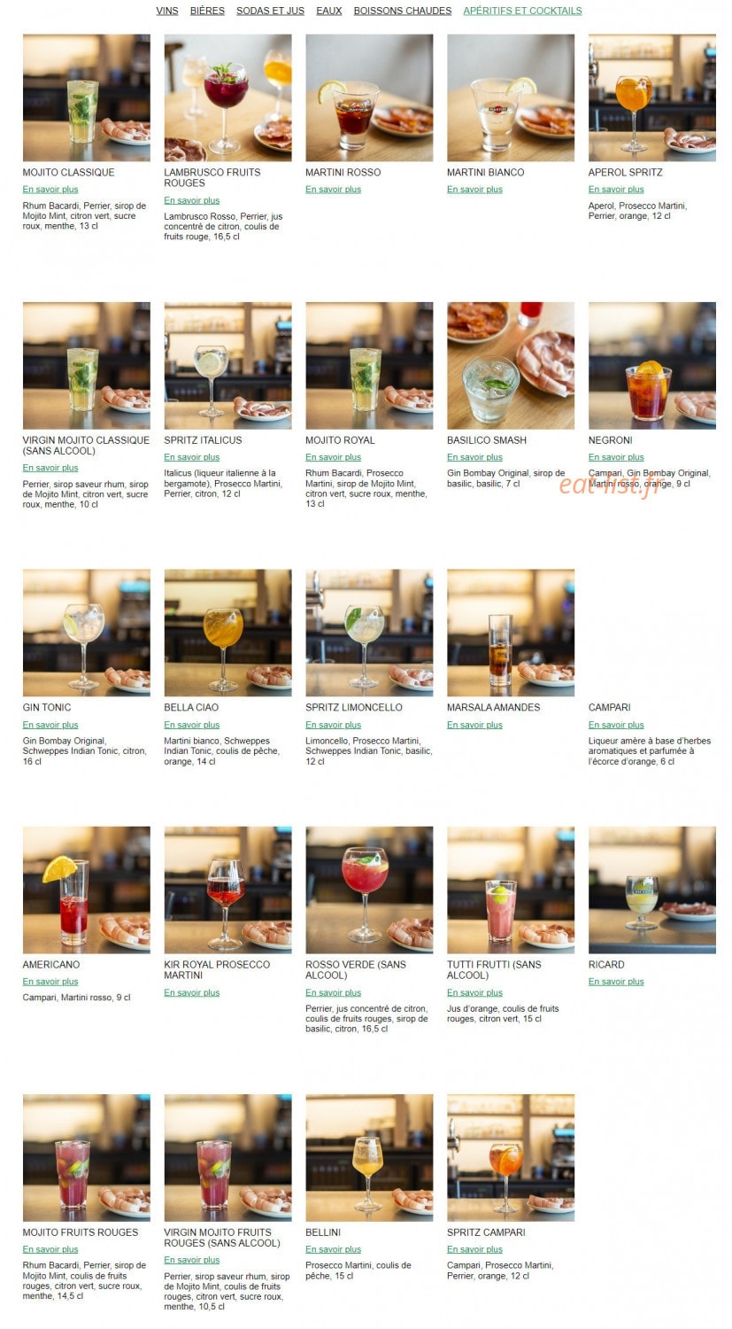 Carte et menu de Ristorante Del Arte à Flins sur Seine — Les apéritifs et cocktails