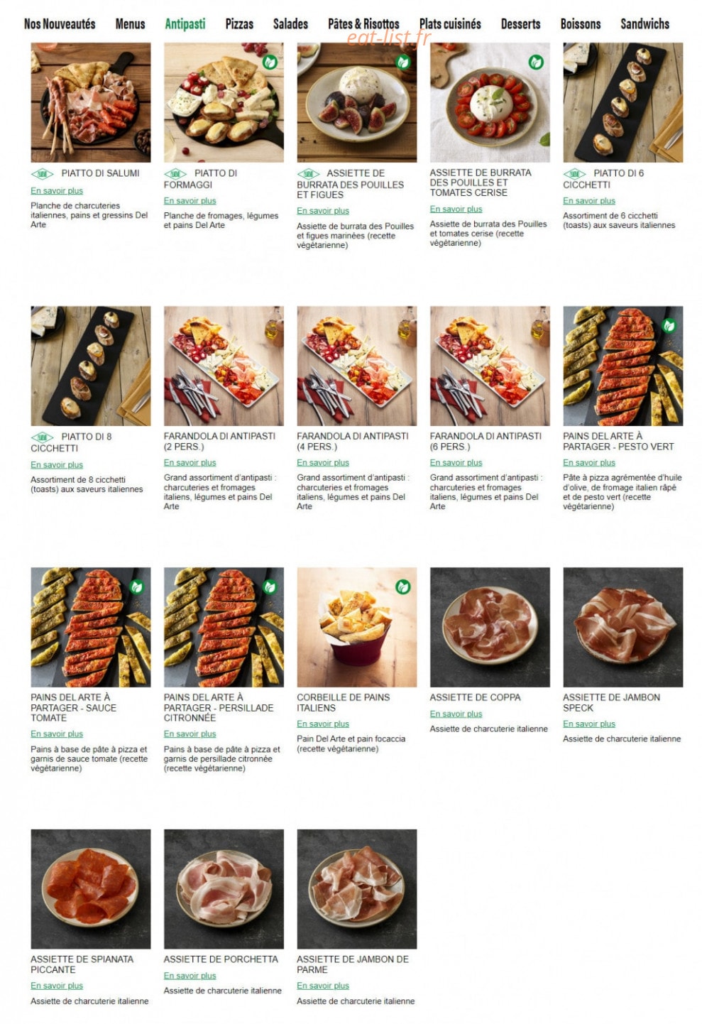 Carte et menu de Ristorante Del Arte à Flins sur Seine — Les antipasti