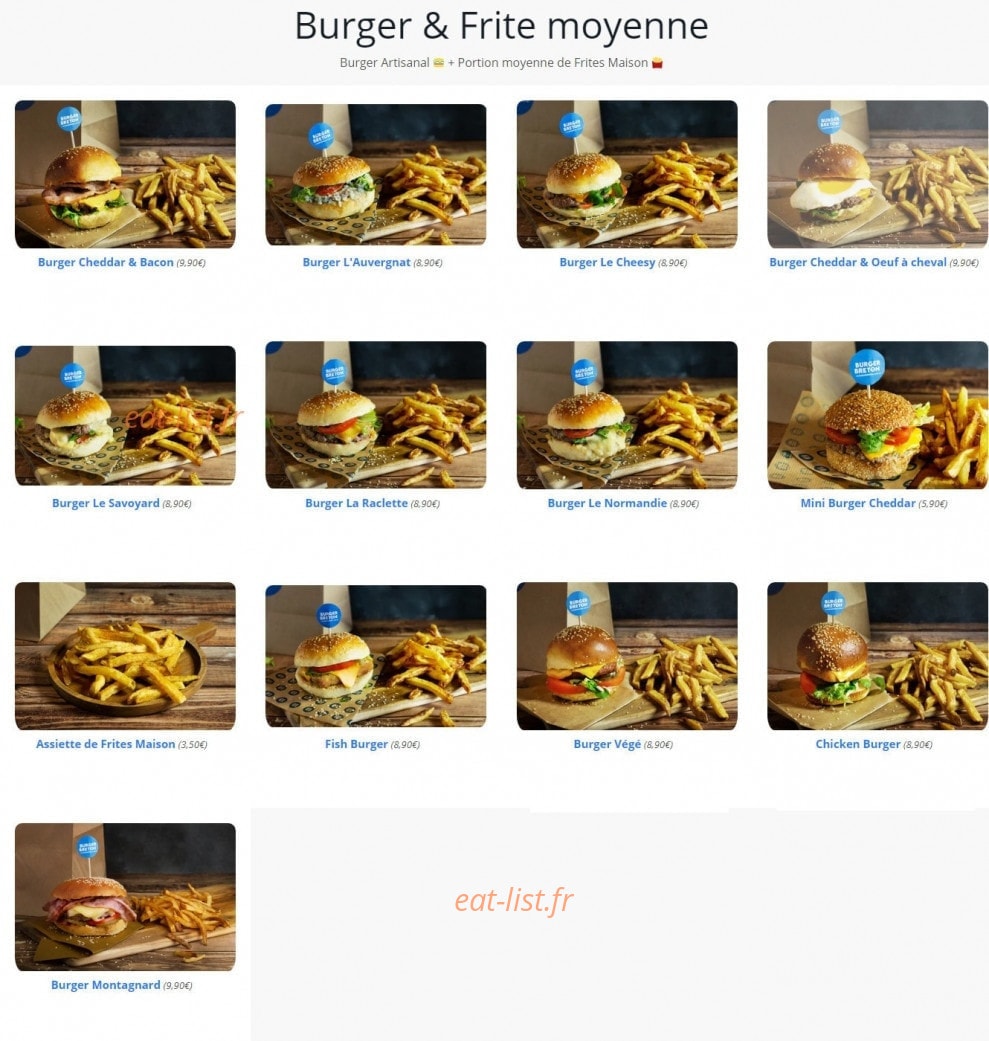 Carte et menu de Burger Breton Carrières-sur-Seine à Carrieres sur Seine — Burger et Frite Moyenne