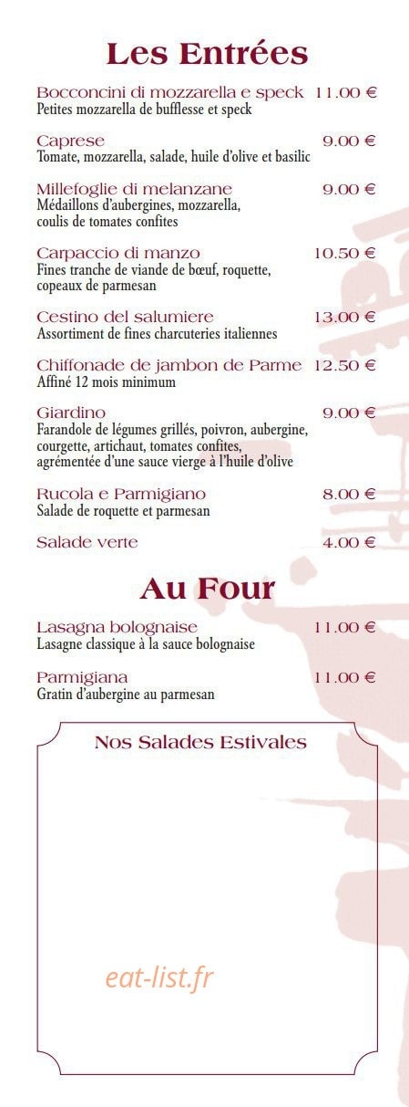 Carte et menu de Il vaporetto à Carrieres sur Seine — Les entrées,au four...