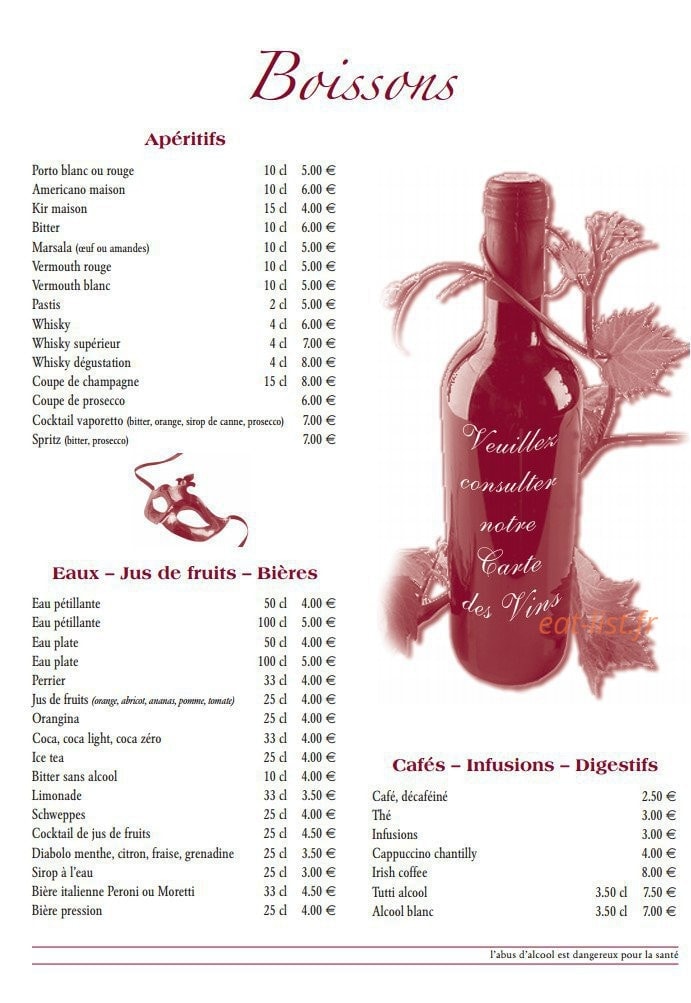 Carte et menu de Il vaporetto à Carrieres sur Seine — Les boissons