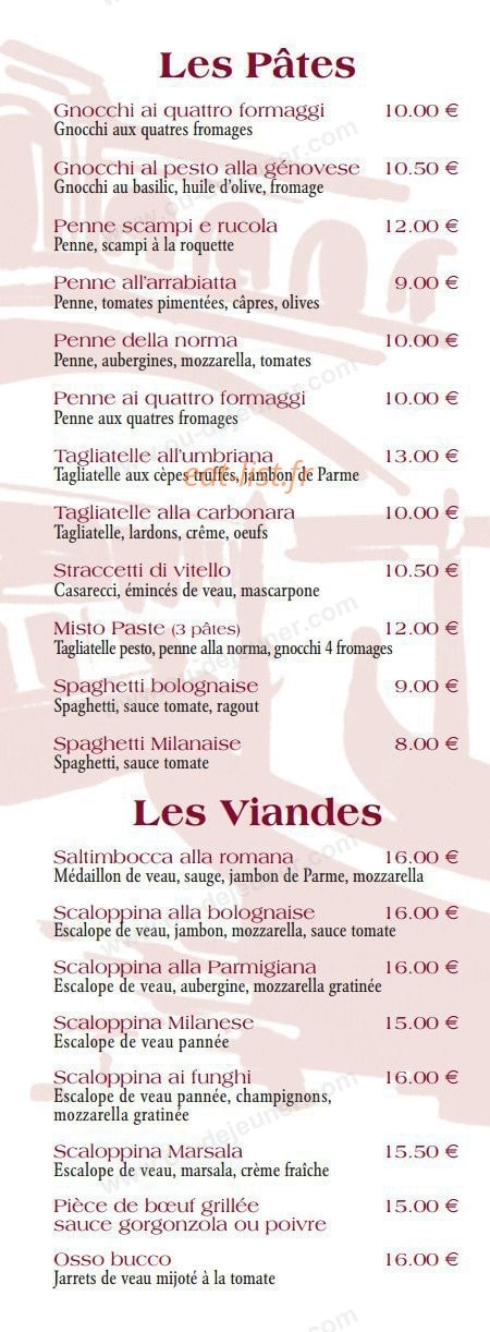 Carte et menu de Il vaporetto à Carrieres sur Seine — Les pates et viandes
