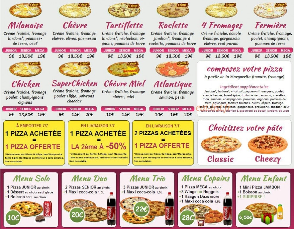 Delice pizza forges les eaux menu