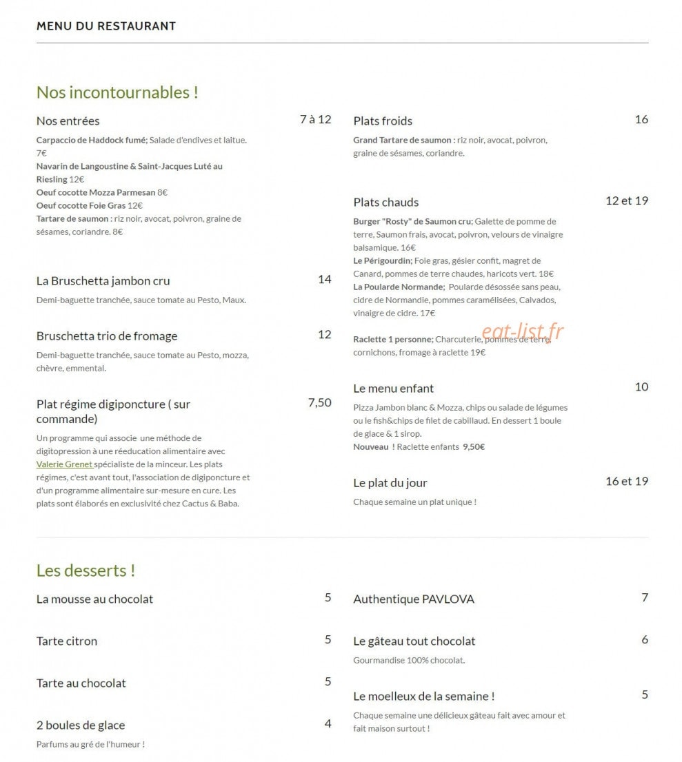 Cactus & BABA — carte page 1